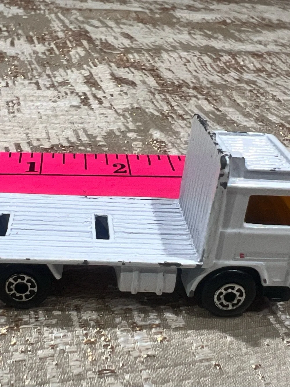Vintage Matchbox 1981 White Volvo Flatbed Truck in used condition